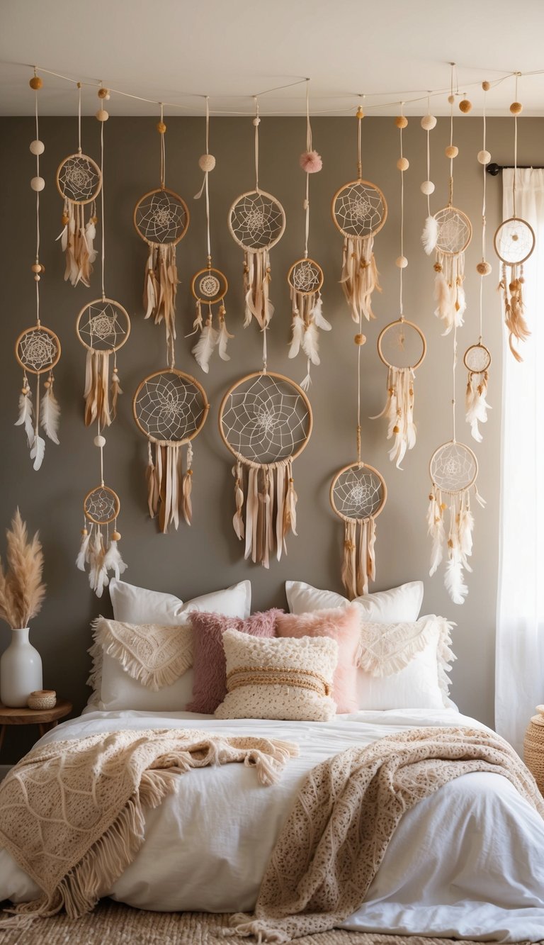 A cozy boho bedroom adorned with 23 dreamcatchers of various sizes and designs, hanging from the ceiling and walls, creating a whimsical and peaceful atmosphere