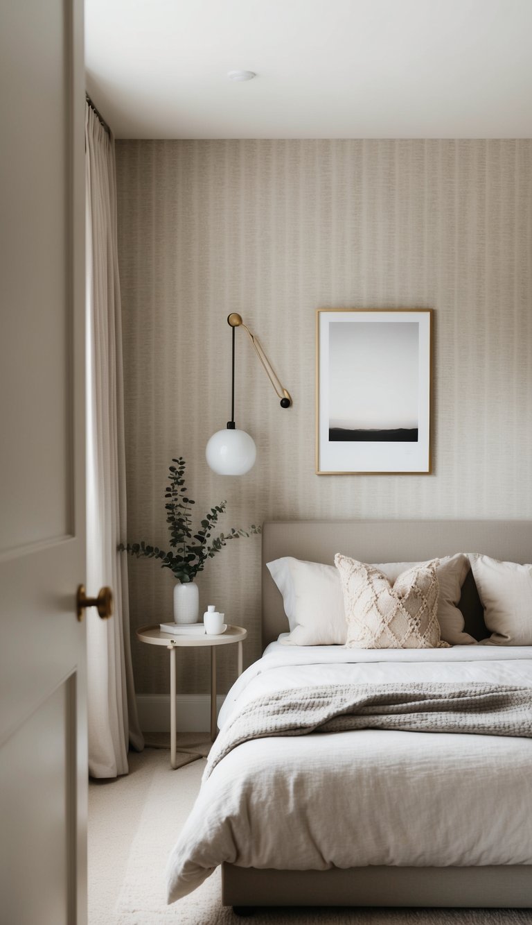 A cozy bedroom with neutral-toned wallpaper, soft lighting, and minimalistic decor. A simple bed with neutral bedding and a few decorative accents