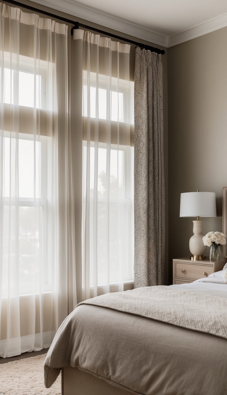 A cozy bedroom with layered window treatments, including sheer curtains and patterned drapes, creating depth and texture in the neutral-toned space