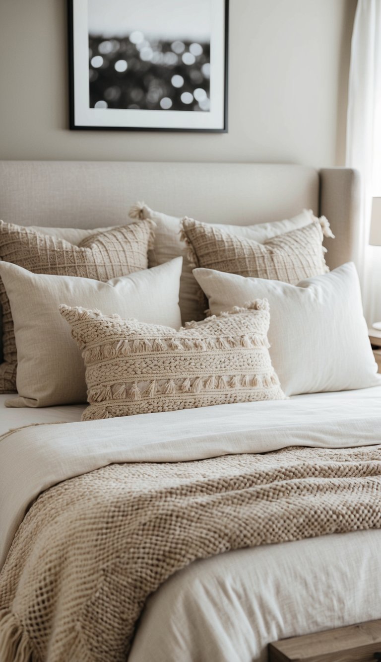 A cozy neutral bedroom with layered textures in the bedding, including soft linens, woven blankets, and plush pillows