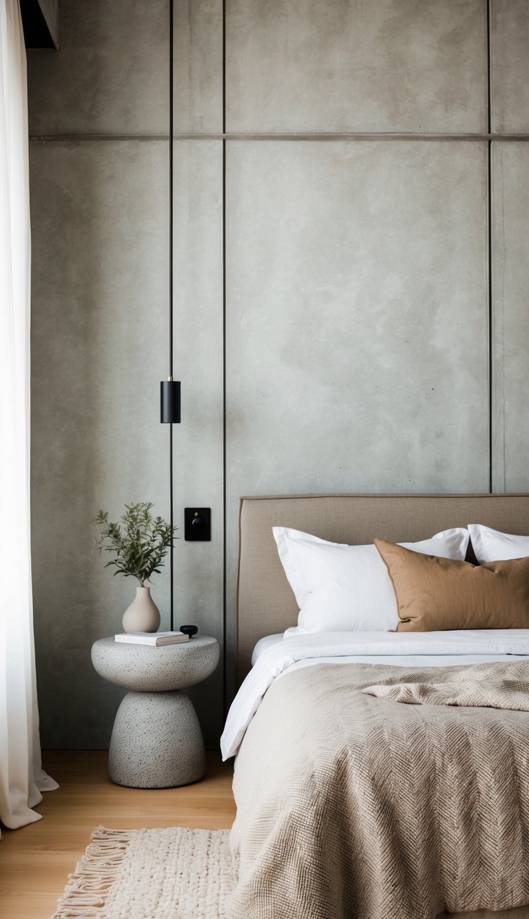 A serene bedroom with a concrete accent wall, stone bedside tables, and neutral bedding