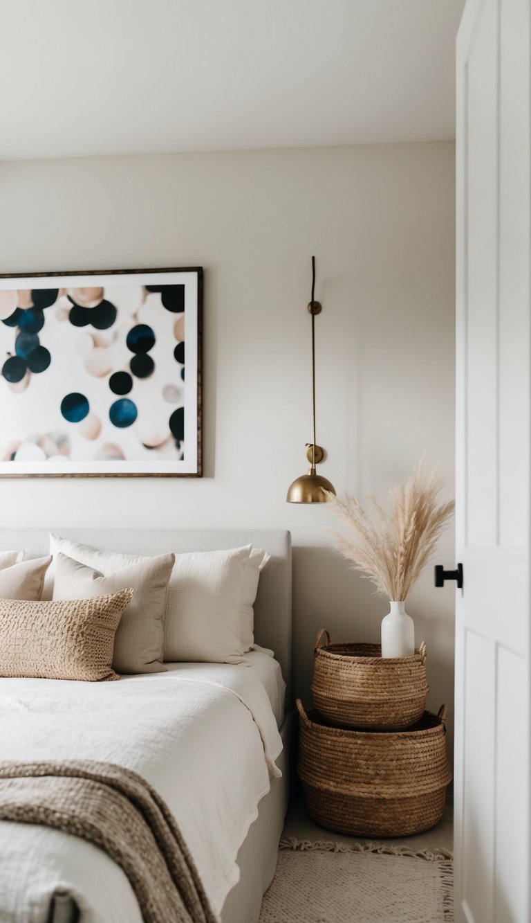 Neutral bedroom with woven baskets for storage, soft lighting, and minimalist decor