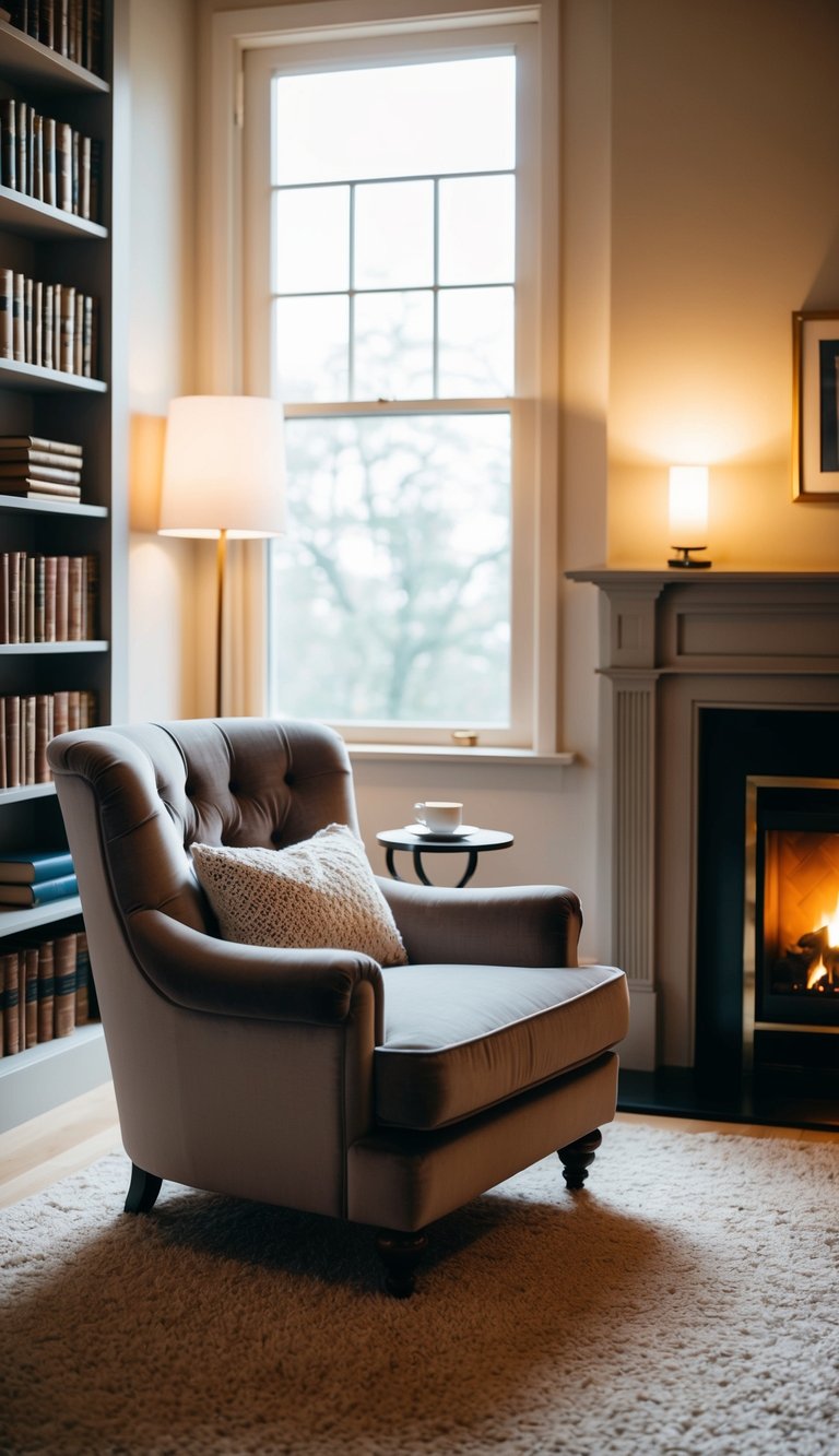 A plush armchair sits beside a warm fireplace, surrounded by bookshelves and soft lighting. A large window lets in natural light, with a small side table nearby for a hot drink