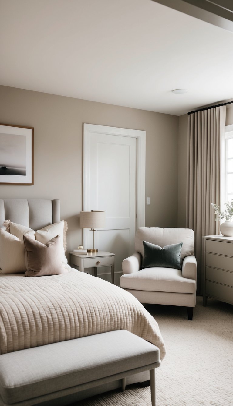 A cozy bedroom with soft, neutral-toned furniture, including a plush bed, a comfortable armchair, and a simple dresser with muted decor