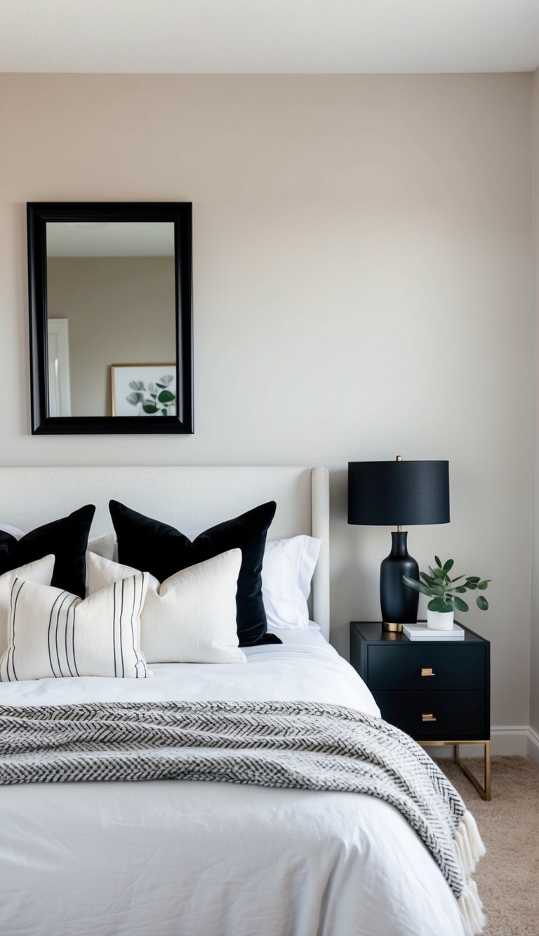 A neutral bedroom with black accent pillows and a throw blanket on a white bed, a black-framed mirror on the wall, and a black side table with a lamp