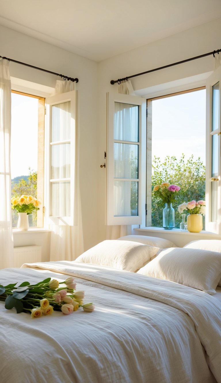 A cozy bedroom with bright, airy decor. Sunlight streams in through open windows, casting a warm glow on light-colored linens and fresh flowers