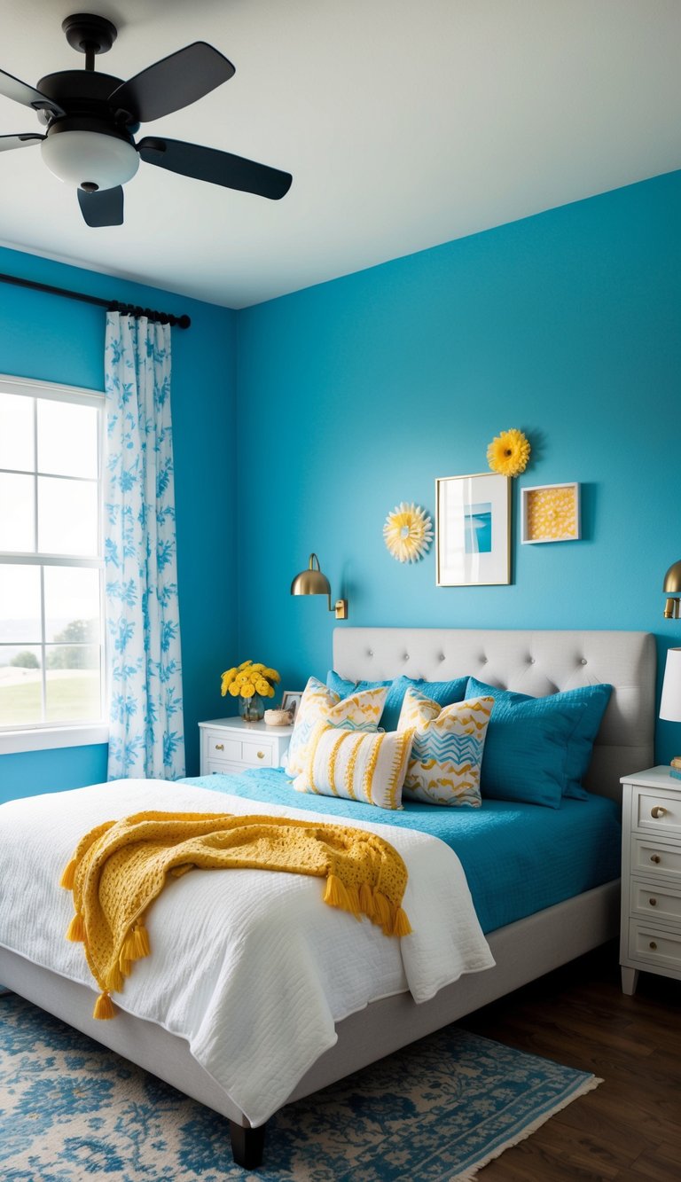 A bedroom with sky blue walls, adorned with summer-themed decor and furnishings