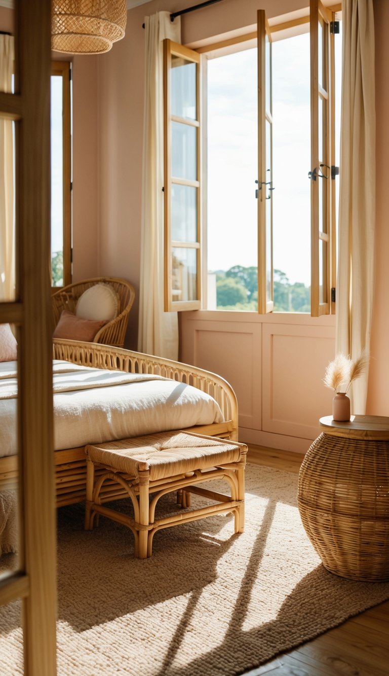 A cozy bedroom with rattan furniture, soft pastel colors, and natural textures. Sunlight streaming through open windows, casting warm shadows on the floor