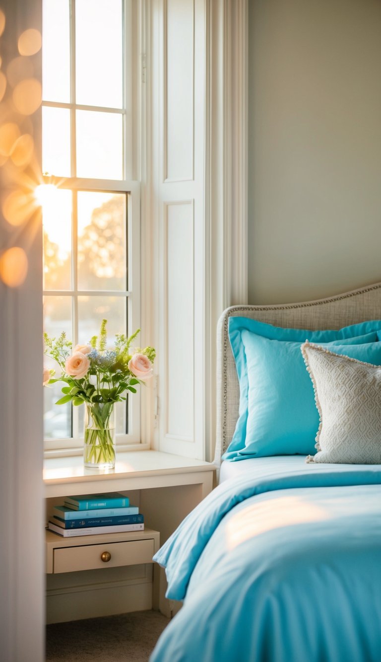 A cozy bedroom with light blue bedding, warm sunlight streaming in through the window, and a vase of fresh flowers on the nightstand