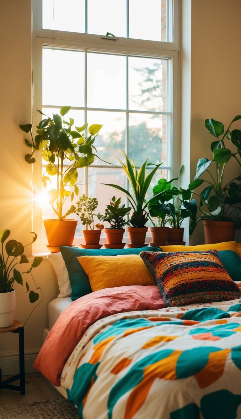 A cozy bedroom with 22 potted plants, warm sunlight, and colorful bedding