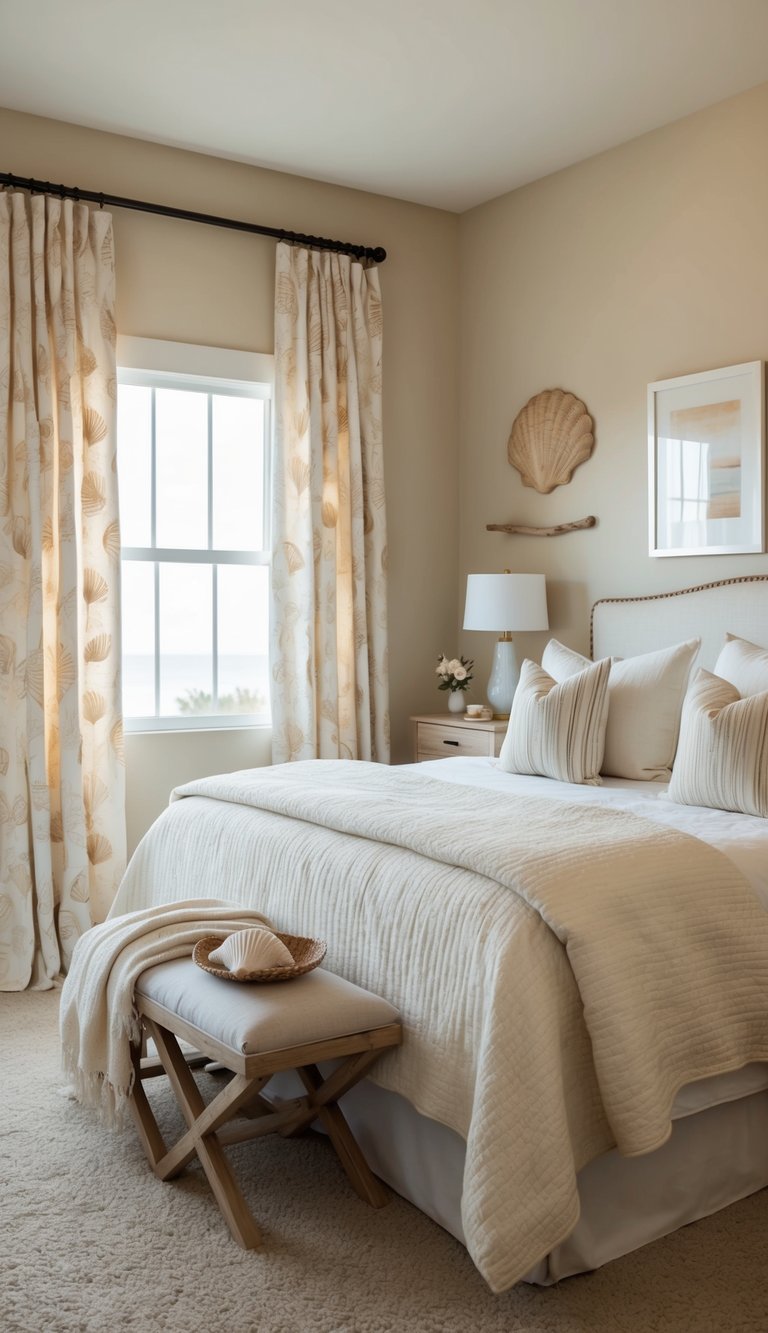 A cozy bedroom with seashell curtains, driftwood accents, and a sandy color palette