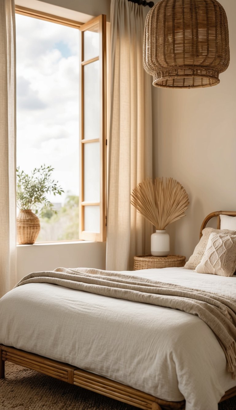 A serene bedroom with rattan furniture, neutral tones, and natural textures. Sunlight filters through the open window, casting a warm glow on the woven accents