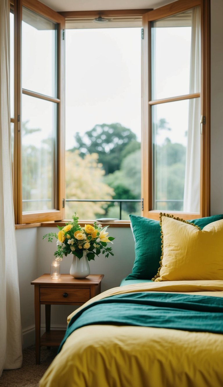 A cozy bedroom with yellow and green bedding, open windows, and a vase of fresh flowers on a nightstand