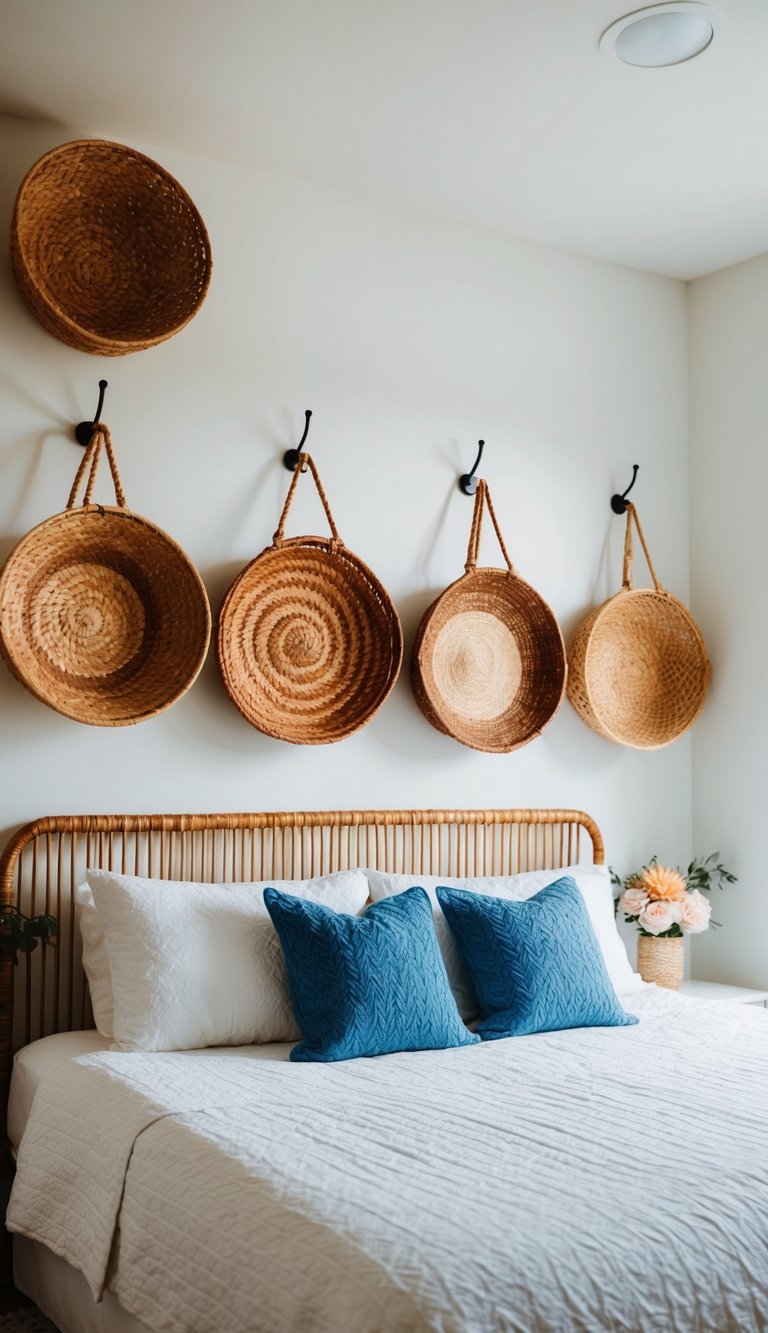 Woven baskets hang on wall above bed in bright summer bedroom