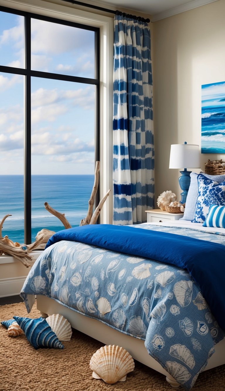 A cozy bedroom with nautical decor: seashells, driftwood, and a palette of blue and white. A large window overlooks the ocean