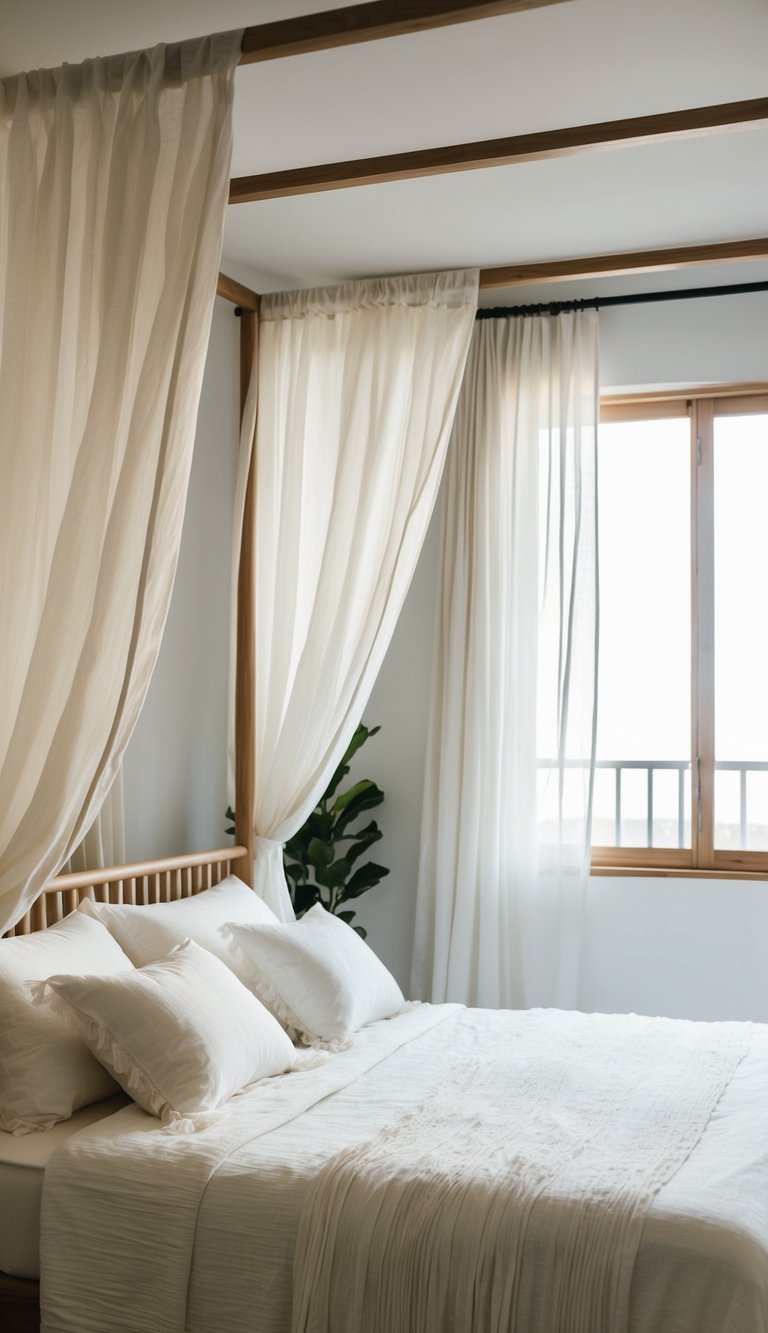 A breezy white canopy bed with billowing curtains, light streaming through open windows onto a gauzy bedspread and sheer drapes