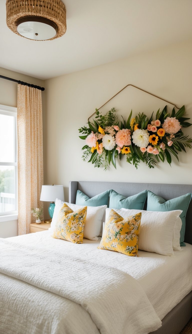 A cozy bedroom with a floral art piece hanging above a bed in a summer-themed decor