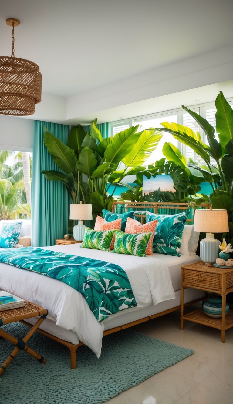 A bedroom adorned with tropical decor, featuring vibrant colors, lush greenery, and beach-inspired accents, creating a serene summer retreat