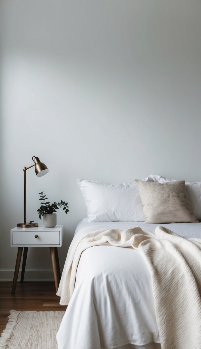 A bed with simple white sheets, a light blanket, and a few scattered throw pillows. A small bedside table with a lamp and a plant