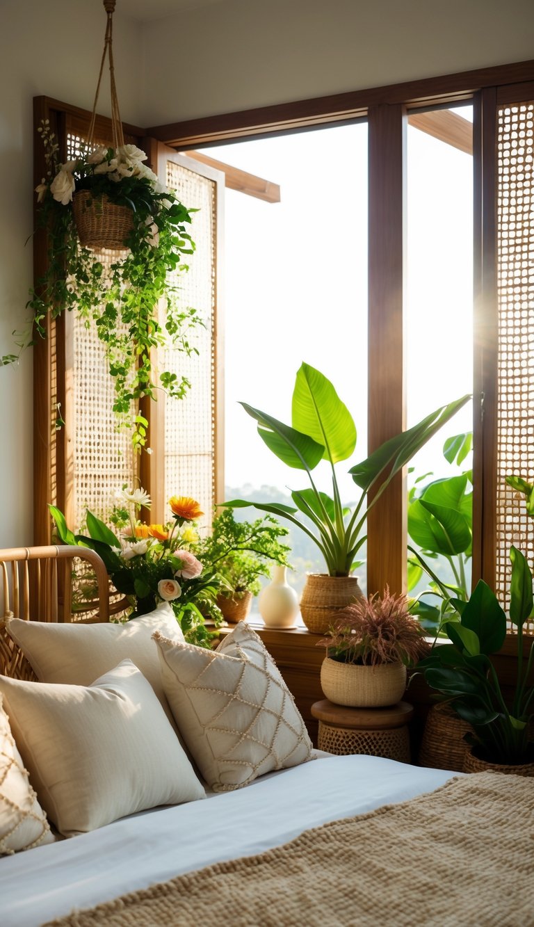 A bedroom adorned with fresh flowers, leafy plants, and natural materials like rattan and wood. Sunlight streams in through open windows, casting a warm glow over the tranquil space