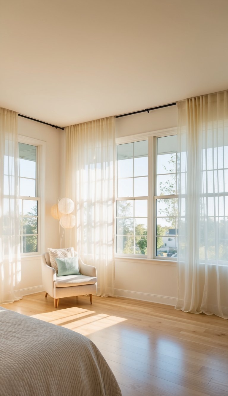 A bright, airy bedroom with large windows, sheer curtains, and light-colored decor. Sunlight floods the room, creating a warm and inviting atmosphere