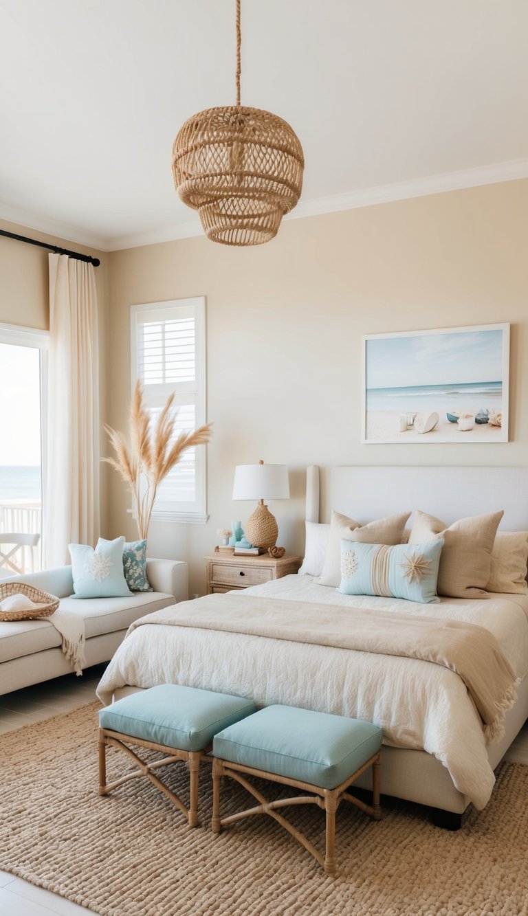 A cozy bedroom with sandy tones, seashell decor, and a light, airy atmosphere. A woven rug and beach-themed artwork complete the beachy accents