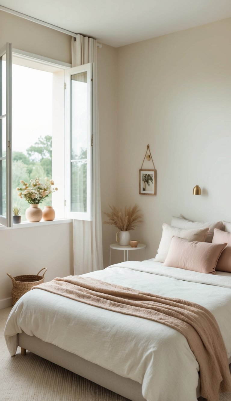 A serene bedroom with minimal furniture, soft pastel colors, and natural light streaming through open windows. A few carefully chosen decor items add a touch of warmth and personality to the space