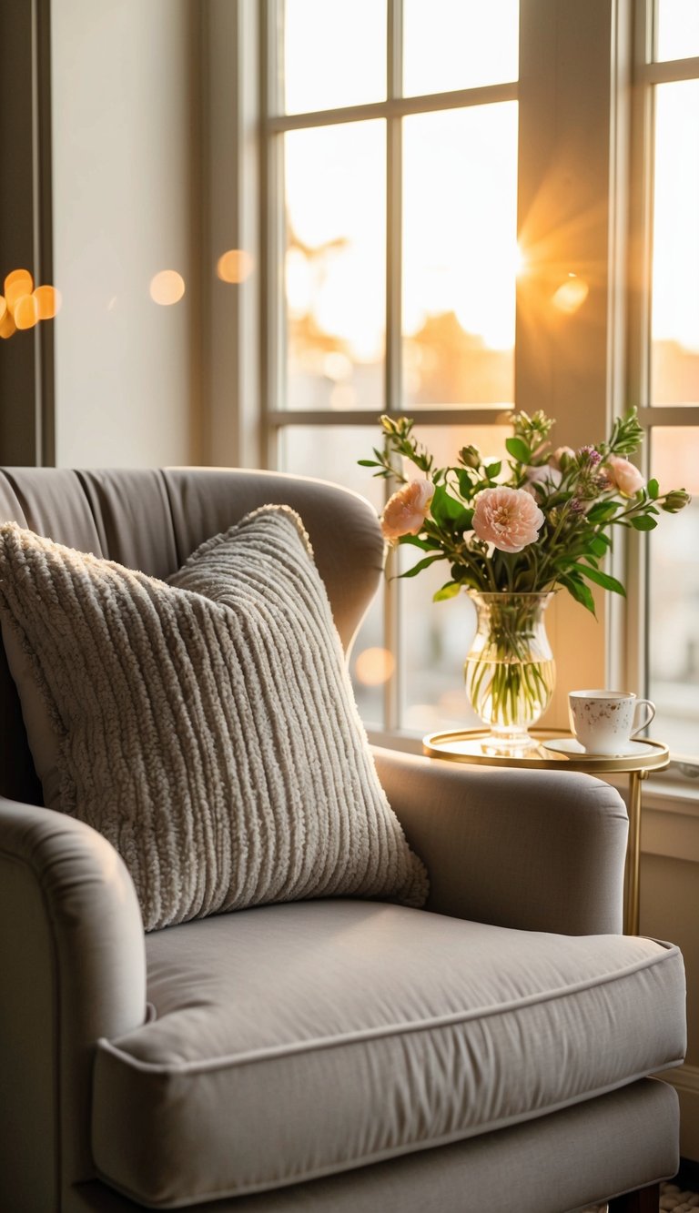 A cozy nook with a plush armchair, soft throw pillows, and a side table with a vase of fresh flowers, all bathed in warm sunlight from a window