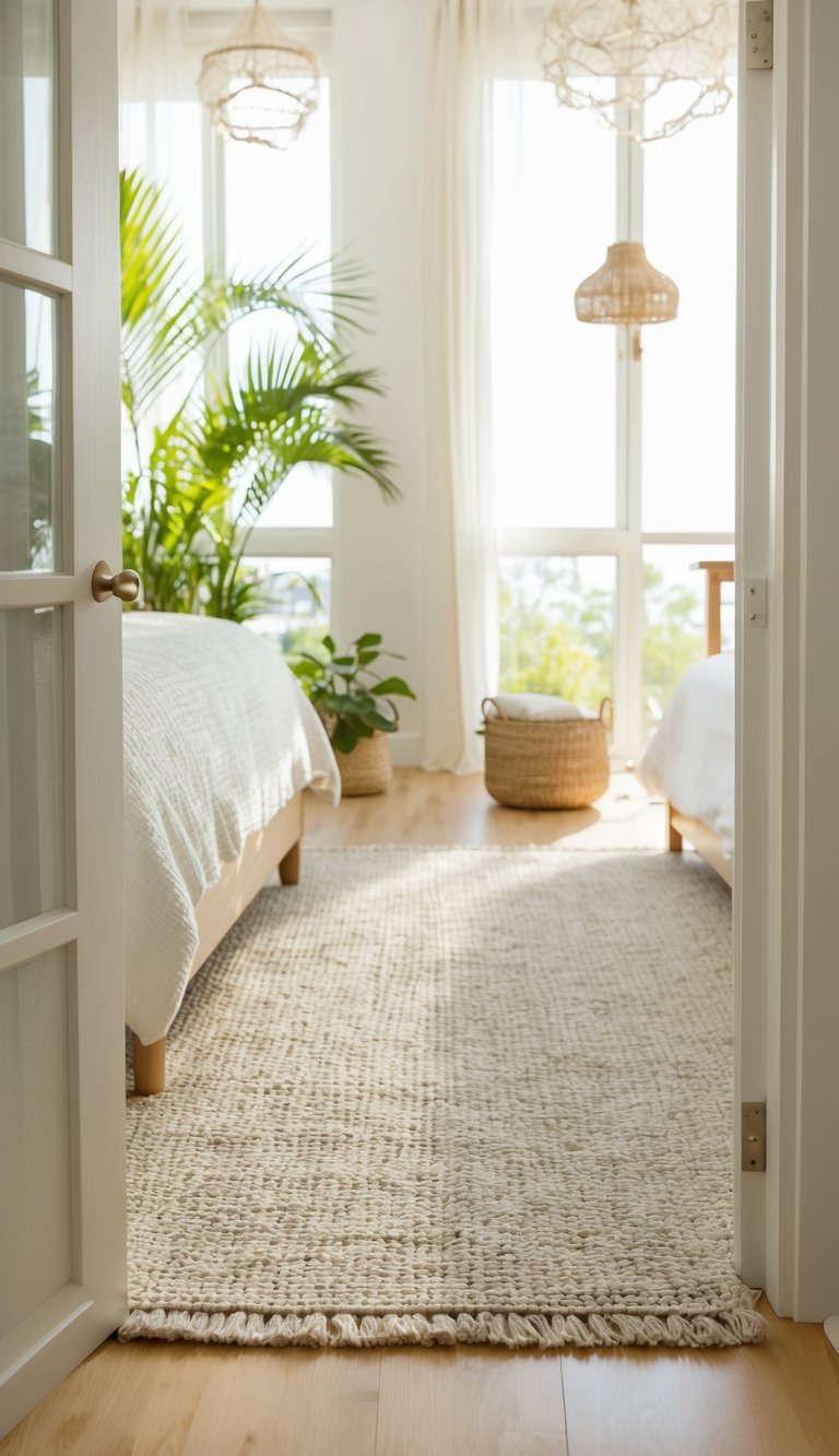 A breezy rug lies in a sunlit summer bedroom, surrounded by light and airy decor