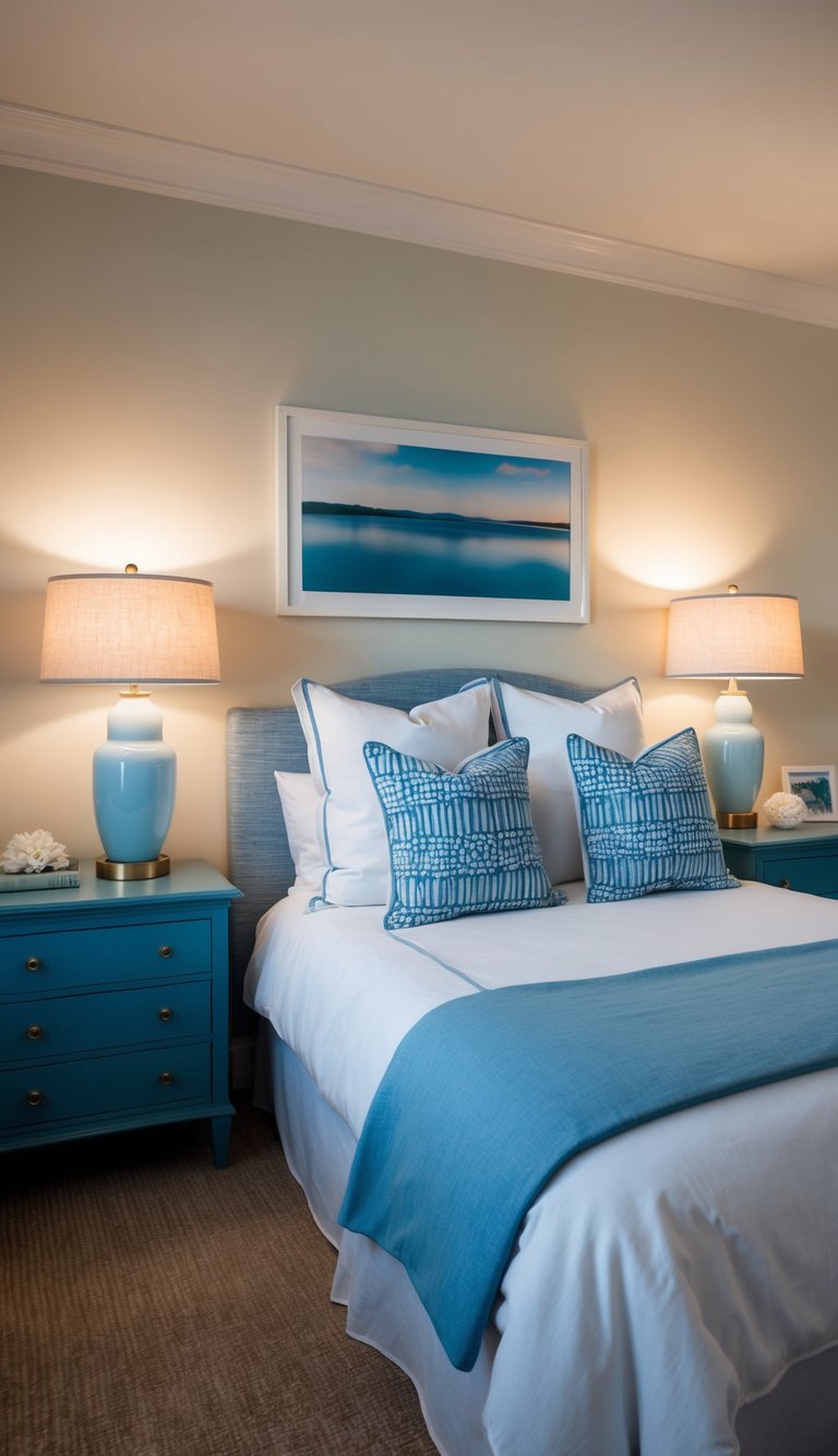 A coastal-themed bedroom with a pair of lamps illuminating the space, evoking a summery seaside ambiance