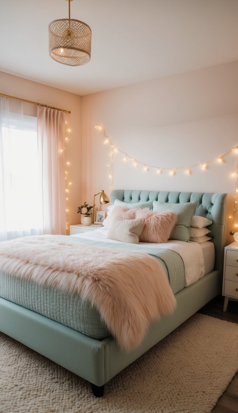 A cozy bedroom with soft, pastel colors, a plush bed with fluffy pillows, and twinkling string lights creating a dreamy and relaxing atmosphere