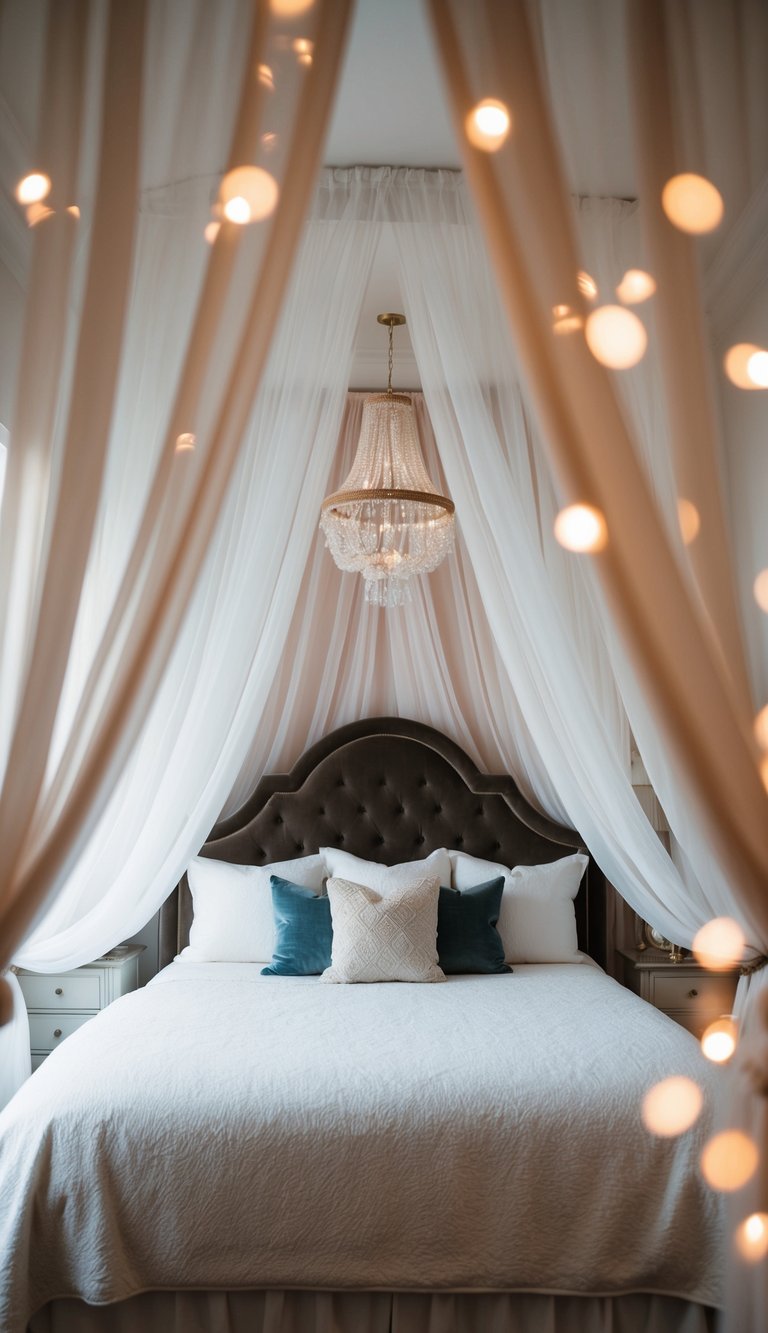 A canopy bed with sheer drapes, surrounded by soft lighting and dreamy decor