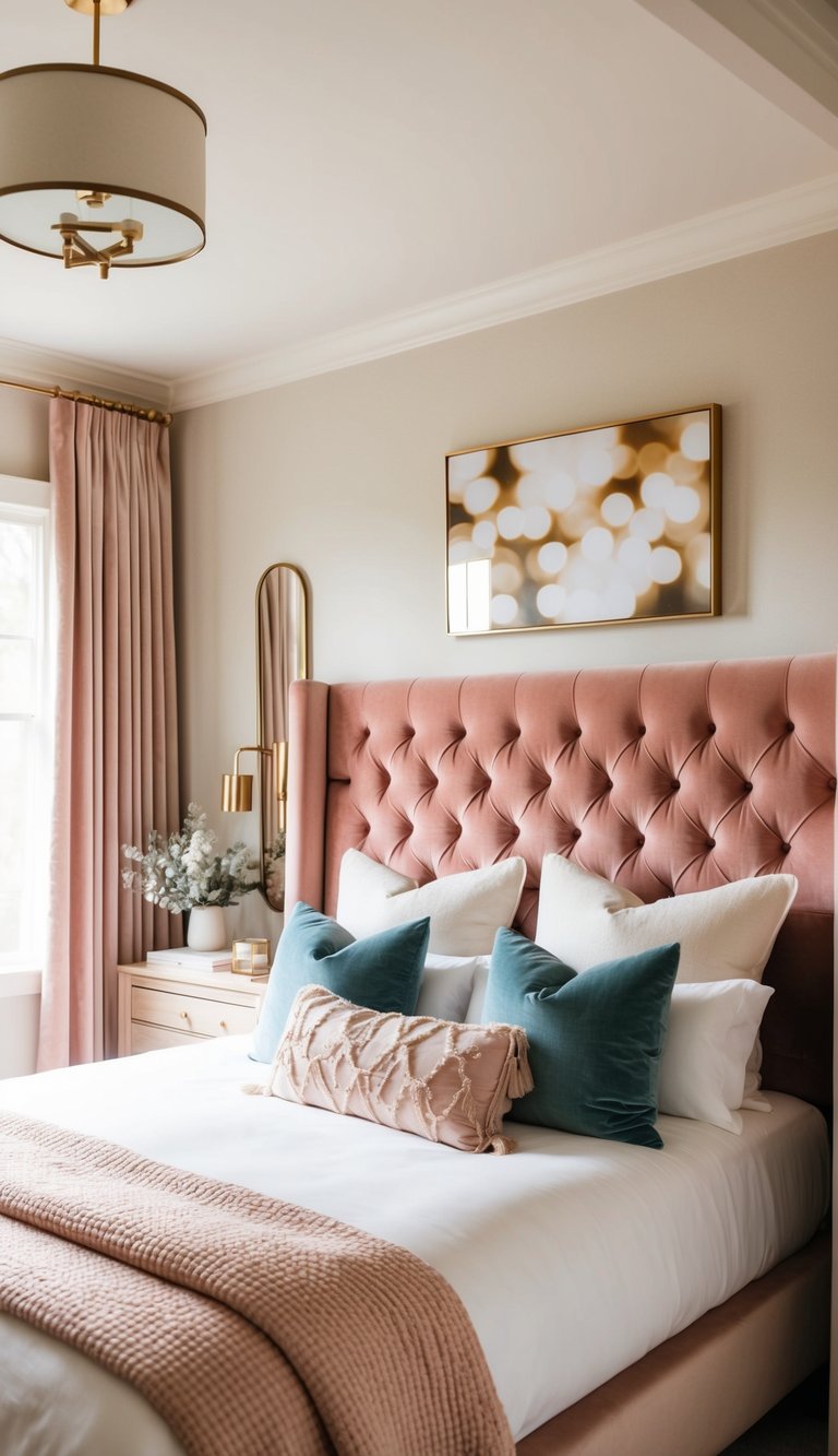 A cozy bedroom with tufted velvet headboards, soft lighting, and dreamy decor