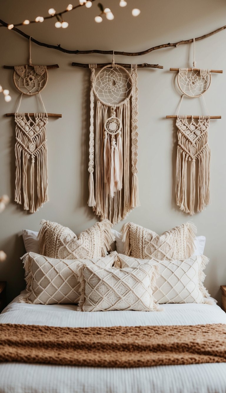 A cozy bedroom with bohemian chic decor, featuring macramé wall hangings, fringe pillows, and a dreamcatcher above the bed