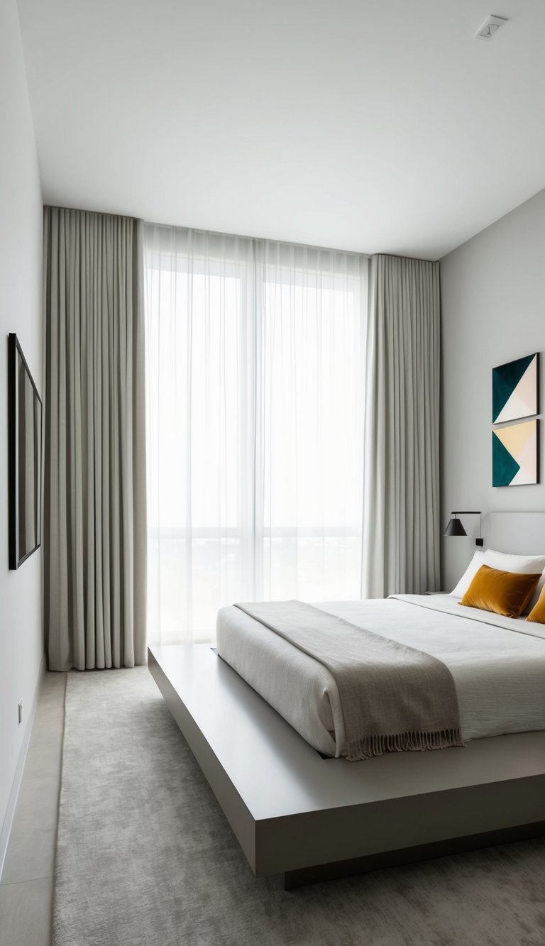 A sleek, minimalist bedroom with a platform bed, geometric wall art, and a large window with sheer curtains. A neutral color palette with pops of bold accent colors