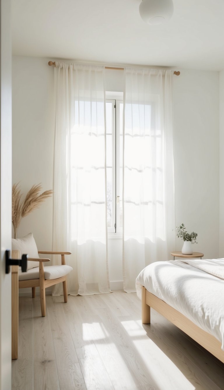 A serene bedroom with white walls, light wood furniture, and simple decor. Sunlight streams in through sheer curtains, casting a soft glow on the space