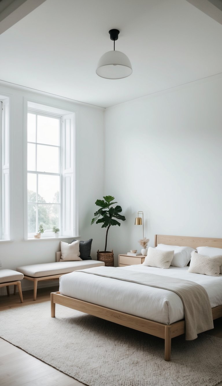 A spacious, uncluttered bedroom with white walls, light wood furniture, and minimal decor. Large windows let in natural light, creating a serene and modern atmosphere