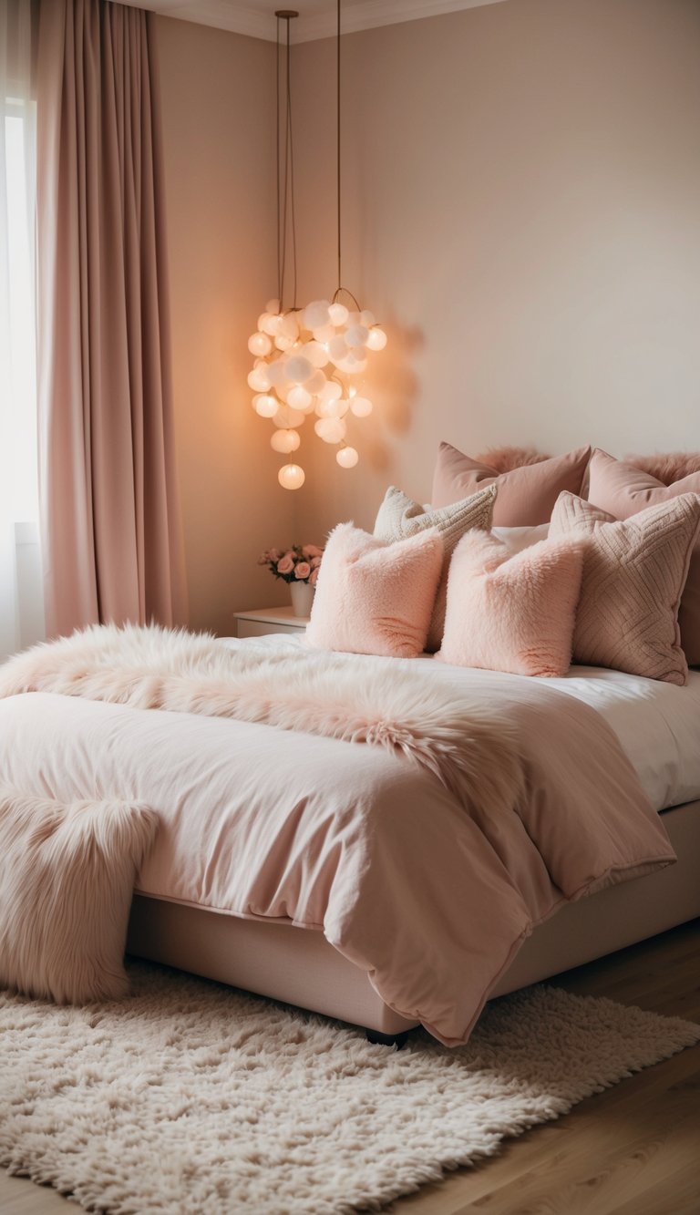 A cozy bedroom with soft pastel hues, fluffy pillows, and warm lighting. A plush rug and sheer curtains add to the dreamy, relaxing atmosphere