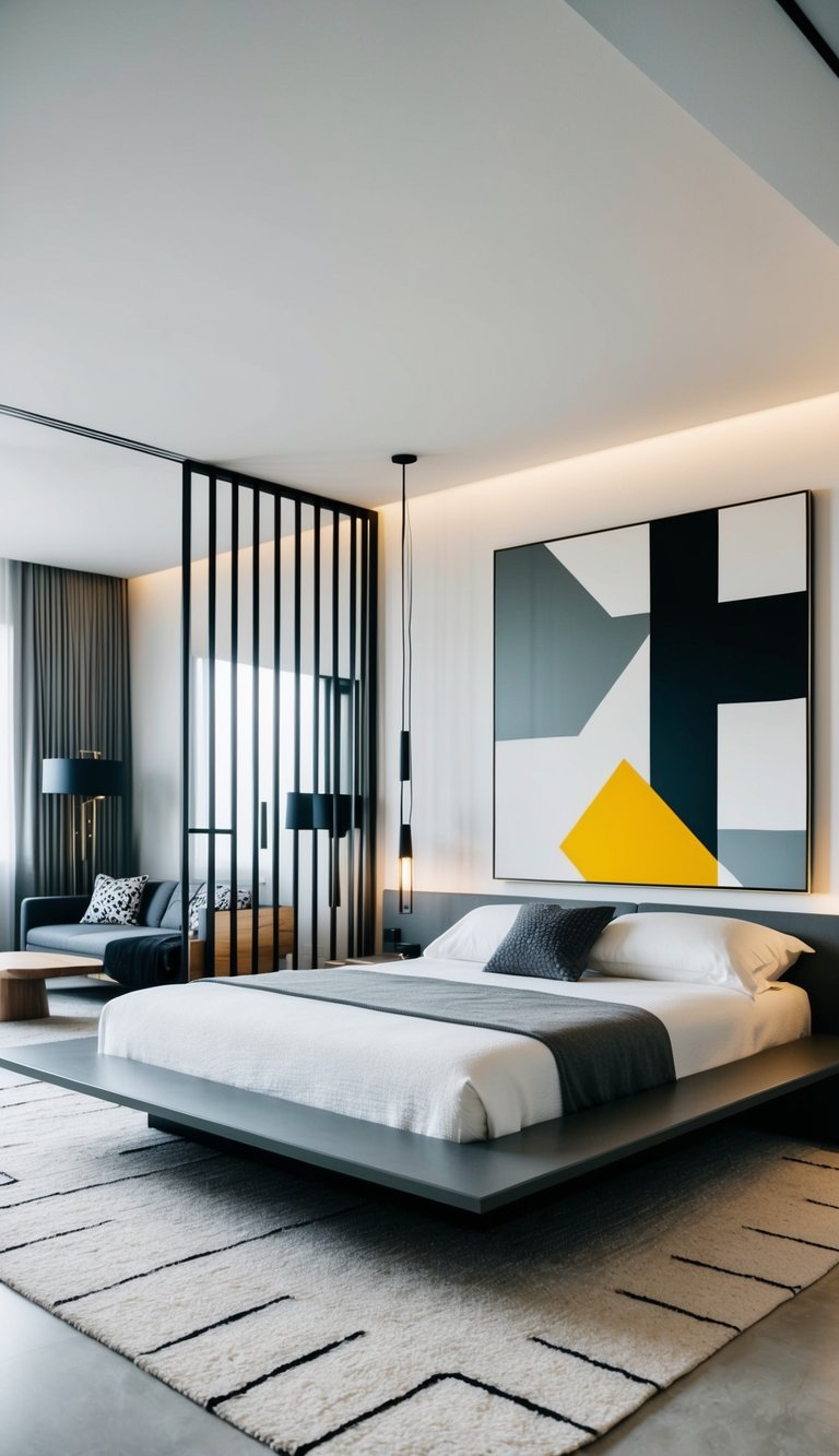 A sleek, minimalist bedroom with clean lines, geometric patterns, and a mix of natural and industrial materials. A large, low platform bed anchors the space, surrounded by mid-century modern furniture and bold, abstract art