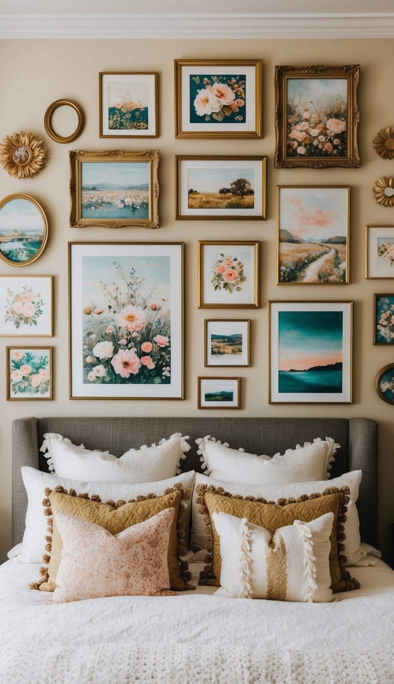 A cozy, vintage-inspired bedroom with a gallery wall featuring 22 dreamy art pieces in various frames and sizes. A mix of floral, landscape, and abstract paintings create a whimsical and nostalgic atmosphere