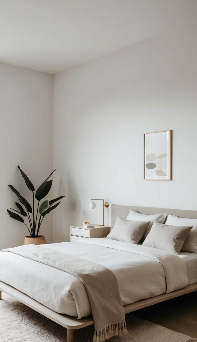 A minimalist bedroom with clean lines, neutral colors, and natural materials. Simple furniture and subtle decor create a serene and uncluttered space