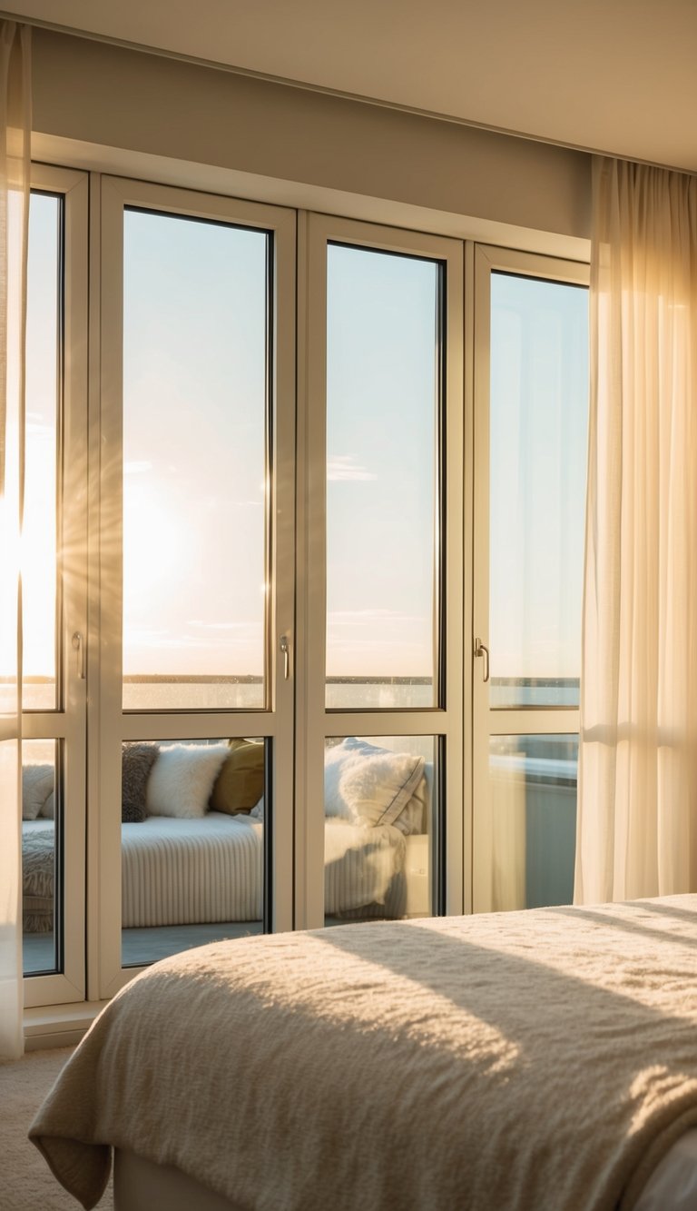 Sunlight streams through floor-to-ceiling windows, illuminating a cozy bedroom with soft, dreamy decor