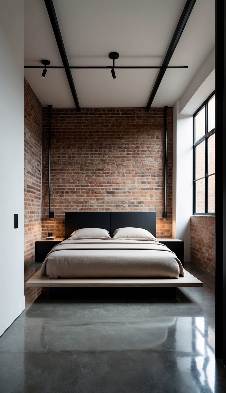 A sleek, minimalist bedroom with exposed brick walls, polished concrete floors, and industrial-style lighting. A platform bed with clean lines and neutral bedding completes the modern look