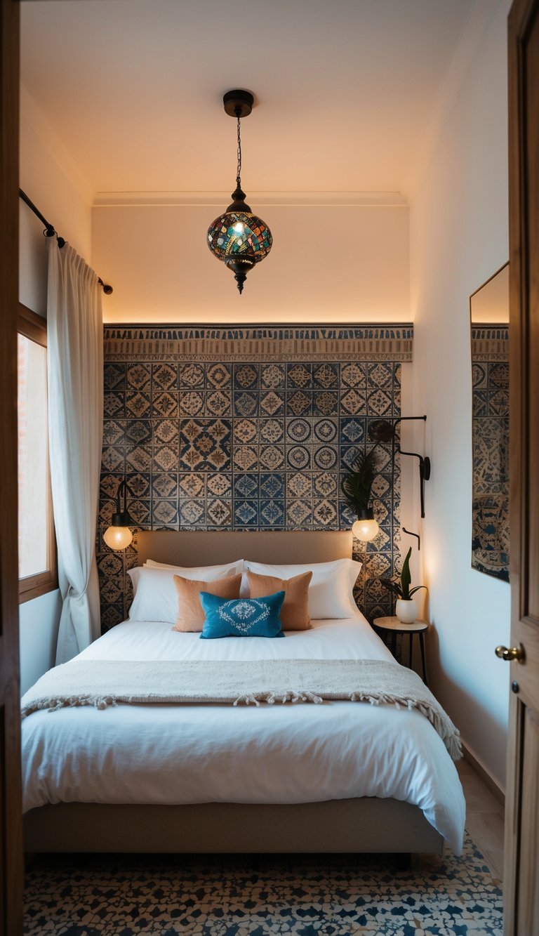 A cozy bedroom with a bed adorned with Moroccan-style tiles, soft lighting, and dreamy decor