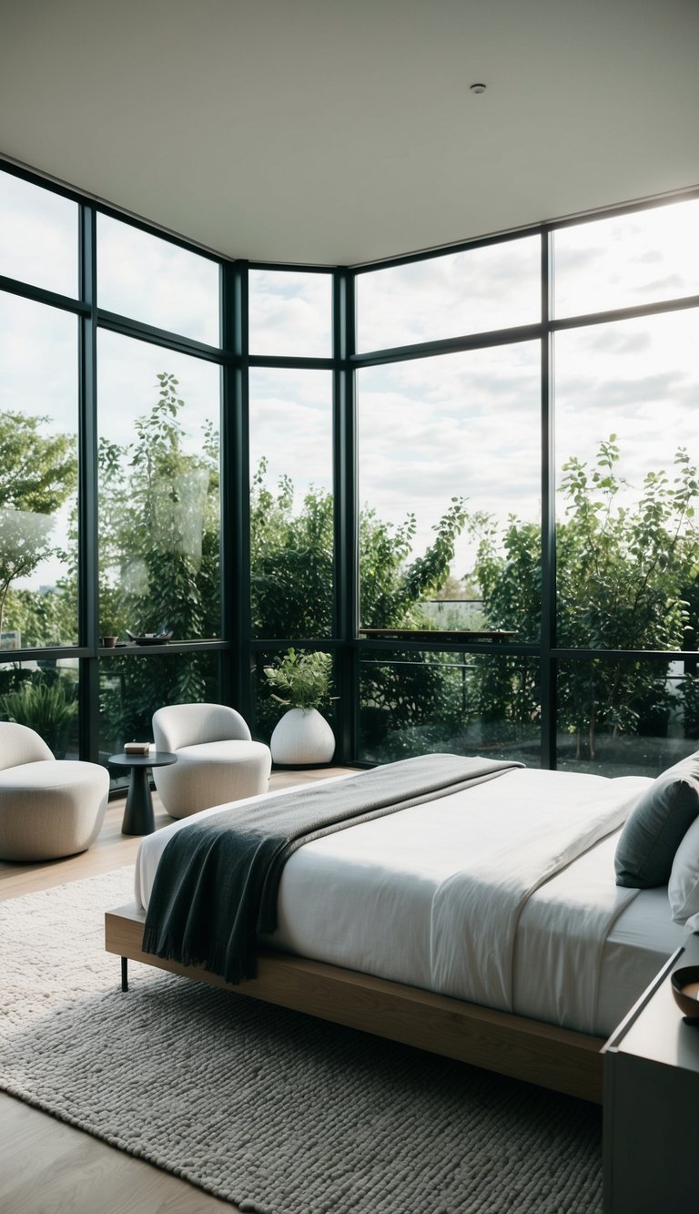 A modern bedroom with large windows, natural light, and plenty of greenery. Contemporary furniture and minimalistic decor complete the serene atmosphere