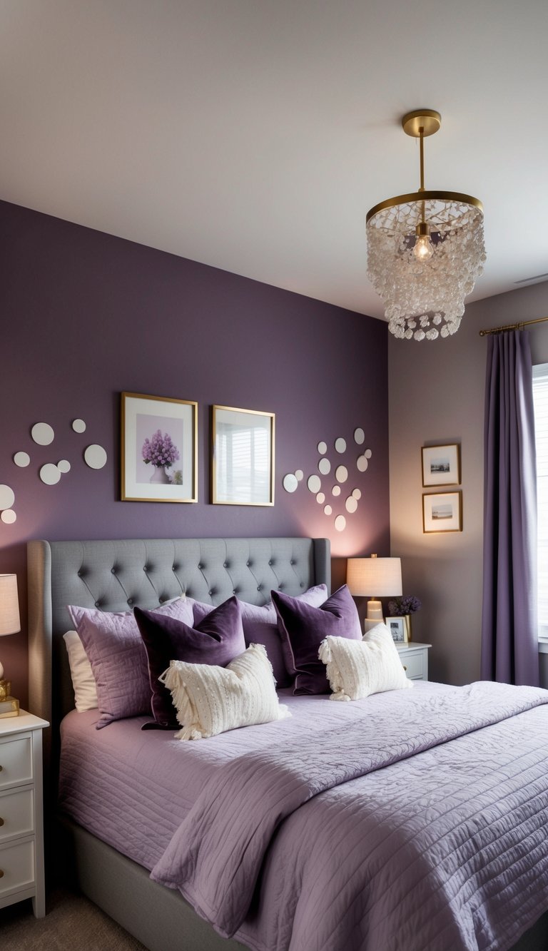 A cozy bedroom with lavender and gray walls, soft lighting, and dreamy decor