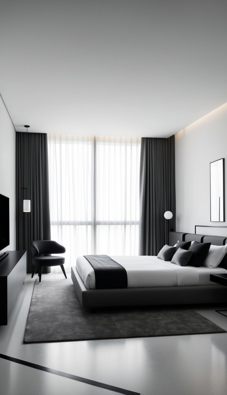 A sleek, monochrome bedroom with minimalist furniture and geometric accents. A large window lets in natural light, illuminating the clean, modern design