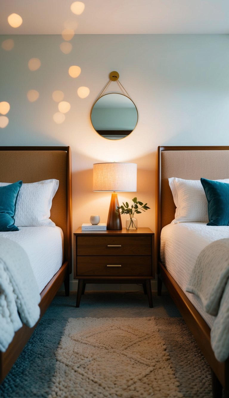 A cozy bedroom with two sleek mid-century modern nightstands flanking a bed, adorned with soft, dreamy decor and warm lighting