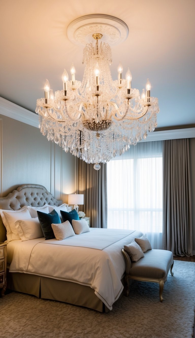 A luxurious bedroom with a grand crystal chandelier hanging from the ceiling, casting a soft, elegant glow over the dreamy decor