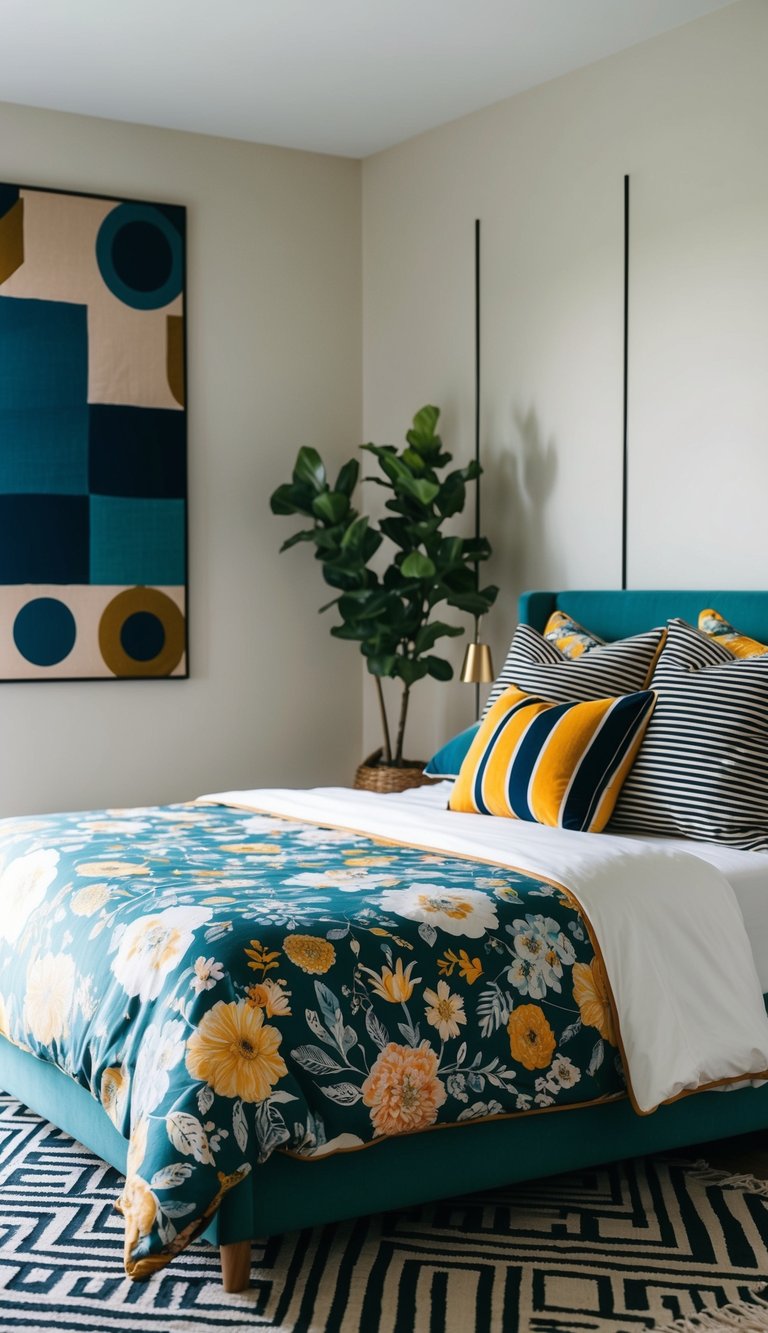 A modern bedroom with an eclectic mix of patterns: geometric shapes on the rug, floral prints on the bedding, and bold stripes on the throw pillows